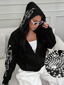 INAWLY Y2K Graphic Hotfix Rhinestones Diamond Sweatshirt, Casual Long Sleeve Hoodie With Zipper And Pocket - Black - View 1