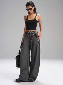 LYSMO 2025 新款女士休闲宽松弯刀西装裤，配条纹腰带，适合通勤和日常穿着，办公室，秋冬时尚简约 - 深灰色 - 查看 7