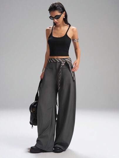 SHEIN EZwear 秋冬大码时尚通勤纯色弧形腿西装裤女宽松裤子