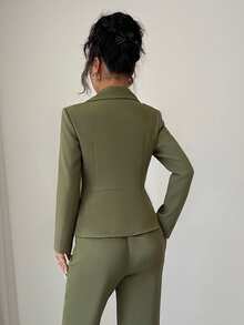 Elenzga 女士秋季长袖西装套装优雅时尚浪漫修身商务 - 軍綠色 - 查看 2