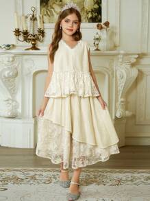 Hapijoa 女童加大蕾丝拼布不对称下摆上衣和裙子套装，夏季 - 杏色 - 查看 4