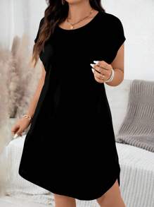 EMERY ROSE Curve-Friendly Multicolor Knitted Short Dress With Round Neck And Casual Style Plus Size T Shirt Dress Black Summer Dress Women,Teacher Outfits For Women Chic Dress,Spring/Vacation - Multicolor - View 3