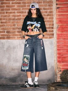 Astro Boy X ROMWE Pantaloni capri in denim con grafica di figure cartoni animati per donne