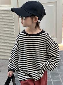 DAZY Toddler Boys' Casual Loose Fit Striped Round Neck Long Sleeve T-Shirt, Cool For Autumn