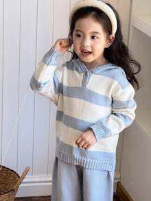 SHEIN Young Girls Casual Blue & White Striped Hooded Sweater And Pants Set School TopYoung Girlrl Clothes Kids Girl Outfit Cute Tops Graphic Tees Girls Sweater Sets Girls Knit Set Winter Young Girls Sets Young Girls Striped Knit SeYoung Girlrl Knit Set Winter Girls Sets Girls Hooded Sweater Set Fall