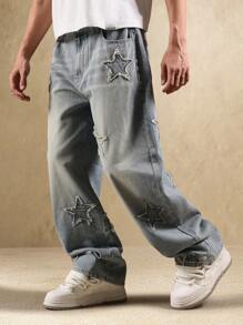 Calça Denim Larga Super Folgada da SUMWON com Bordado de Estrela, Caimento Solto, Moda Casual, Declaração de Estilo, Perna Larga, Streetwear, Festival, Concerto, Estética Moderna Grunge Y2K, Lisa - Azul - Visão 2
