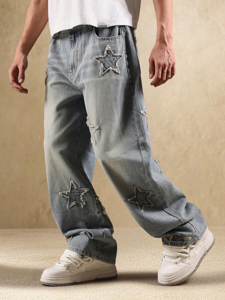 Baggy Star Embroidered Jeans With Distressed Details