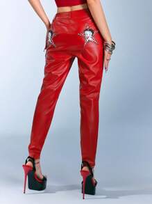 Betty Boop | ROMWE Quần da PU họa tiết ngôi sao và hoạt hình gợi cảm, màu đỏ, phong cách xe máy đường phố - Màu Đỏ Sâu - Xem 2