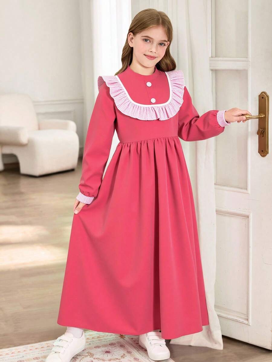 SHEIN Tween Girls Casual Everyday Striped Ruffle Hem Long Sleeve Dress Fall Winter - Pink - View 1