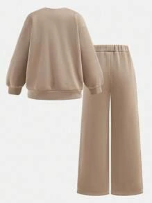 SHEIN Conjunto informal de niña preadolescente con sudadera holgada de manga larga con cuello redondo y pantalón de pierna ancha recta a juego, con bordado gráfico de Los Ángeles, cómodo conjunto de punto, conjunto de chándal, conjunto de sudadera color caqui - Caqui - Ver 3