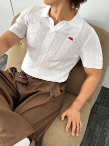 ESTAVOR Men's Casual Fashion Embroidered Knitted Short Sleeve Fall Sweater - White - View 5