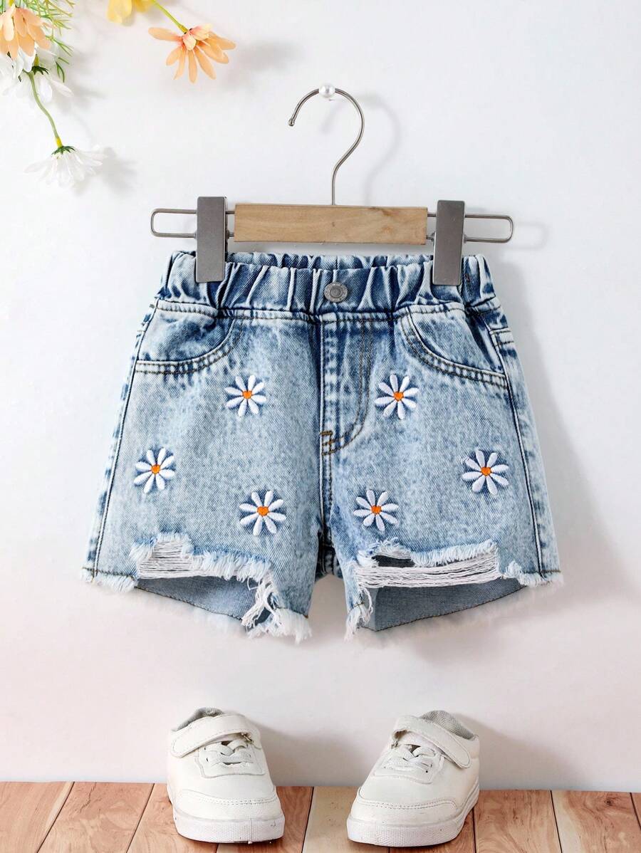 Pantaloni scurți din denim pentru fete, cu imprimeu amuzant cu spirit școlar, casual, versatili, drăguți, cu tiv decorativ uzat, albaștri