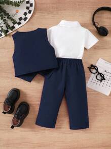 Souflis Souflis 男婴经典颜色开衫背心上衣和配套裤子套装，简约风格，无图形设计，适合休闲外出、舒适家居服和轻松聚会，春秋季 - 寶藍色 - 查看 2