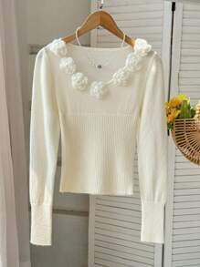 Skyraze Women 3D Floral Trim Pullover Sweater Jumpers Pullover Back-To-School Clothing White Sweater Casual Daily Wear,Tops,Brunch Women,Renaissance Fair,Concert Women, In Fall/Winter - White - View 1