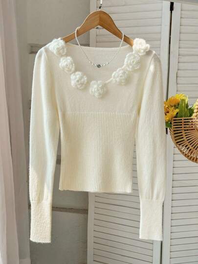 Skyraze Women 3D Floral Trim Pullover Sweater Jumpers Pullover Back-To-School Clothing White Sweater Casual Daily Wear,Tops,Brunch Women,Renaissance Fair,Concert Women, In Fall/Winter