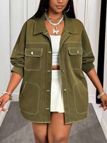 Slaydiva 大码秋冬新款女装，宽松休闲超大款工装外套，外缝拼接设计，橄榄绿大码女式外套 - 綠色 - 查看 14