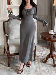 DAZY French Style Ruched Drawstring Collar Form-Fitting Long Women's Nightgown, Fall Pajama - Dark Grey - View 1