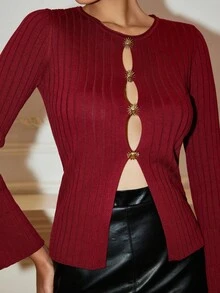 Rafferiza Asymmetrical Metal Decor Fitted Sweater Hollow Out Sexy Elegant Work Cardigan Fall Winter Cloth For Women - Burgundy - View 5