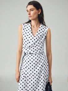 Uhlyne 优雅波尔卡圆点印花复古风格 V 领无袖修身直筒休闲连衣裙，时尚夏季新品 - 白色 - 查看 2