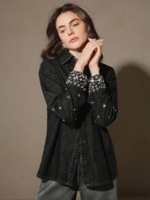 Anewsta Áo sơ mi denim đính đá Rhinestone thời trang giản dị cho nữ - màu đen - Xem 4