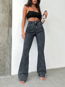 SHEIN Tall HIGH RISE FLARED LONG BLACK JEAN TALL - Dark Grey - View 3