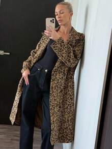 DAZY Abrigo largo y grueso de solapa de leopardo de doble botonadura de manga larga y holgado para mujer, otoño/invierno - Caqui - Ver 7