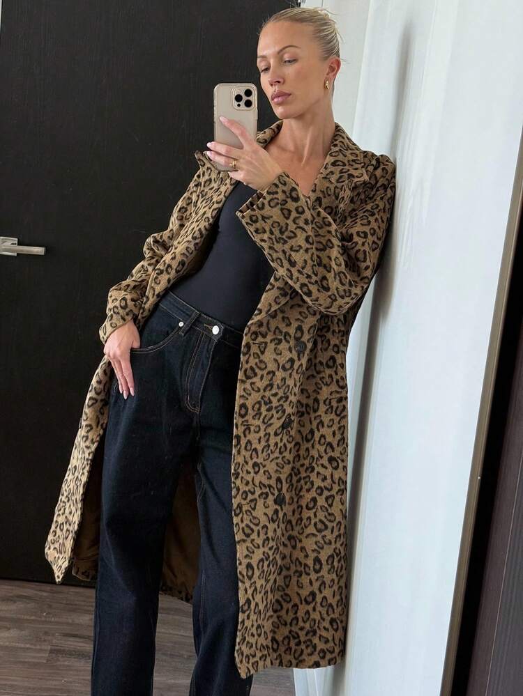Leopard Print Lapel Double-Breasted Long Sleeve Loose Long Thick Overcoat For Women, Autumn/Winter