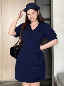 Dazy Plus Striped Gathered Short Sleeve Mini Commuter Dress For Summer - Navy Blue - View 6