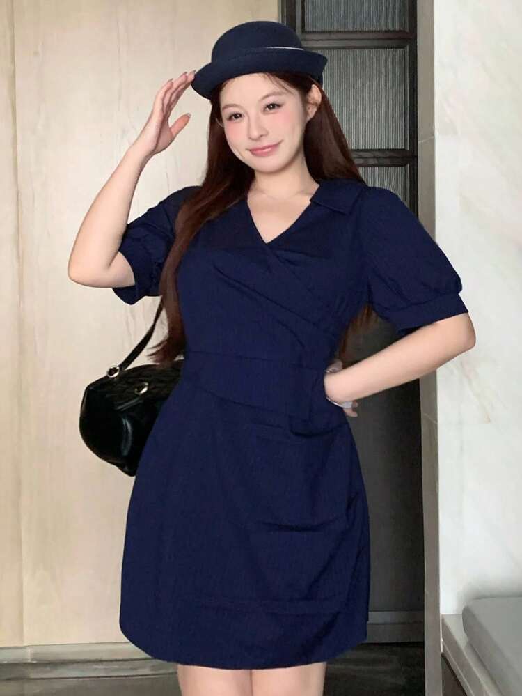 Dazy Plus Striped Gathered Short Sleeve Mini Commuter Dress For Summer