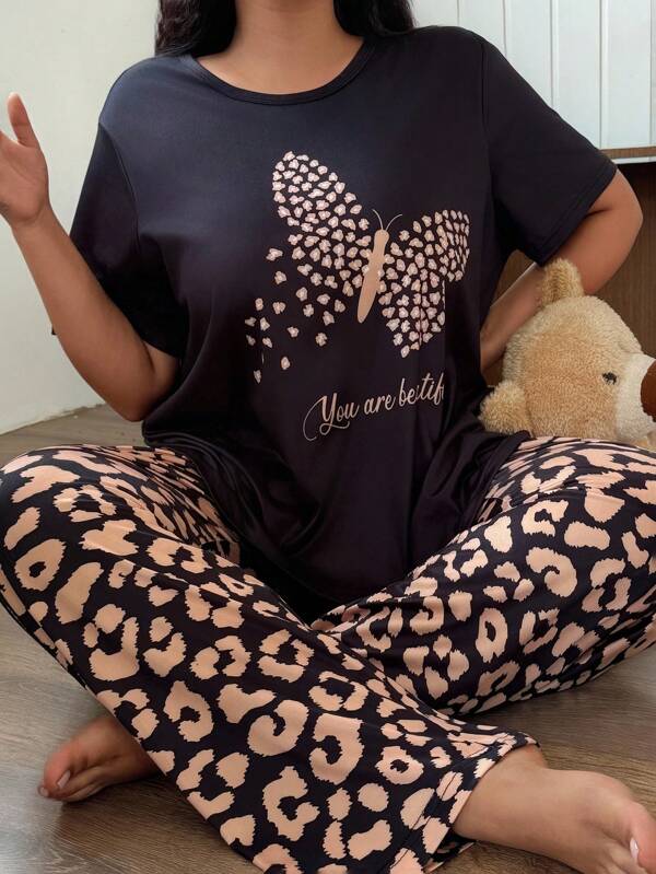 Plus Size Women Butterfly Print Short Sleeve Top And Leopard Pants Pajama Set