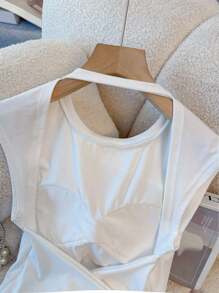 INAWLY Women's Plus Size Sexy Solid Backless T-Shirt, Summer - White - View 4