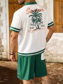 Manfinity Homme Plus Size Men Summer Resort Tropical Palm Tree Print Cuban Collar Short Sleeve Shirt Set - Multicolor - View 3