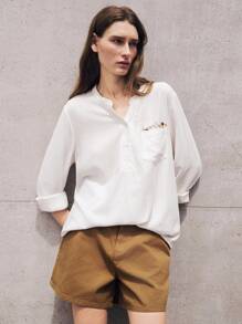 TrendSteals Women's Embroidered Linen Casual/Work Shirt With Small Stand Collar And Long Sleeves - White - View 4