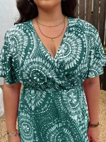 SHEIN Clasi 大码女式休闲度假时尚全身印花夏季连衣裙 - 墨綠色 - 查看 6