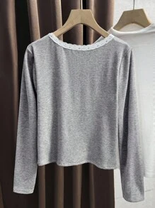 INAWLY 女式休闲学院风罗纹针织圆领蕾丝边长袖纽扣修身开衫，短款轻薄百搭春秋装 - 灰色 - 查看 2