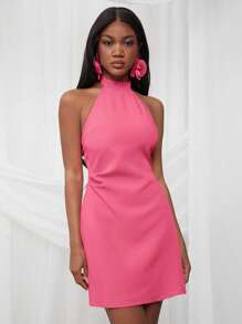 NYA SZN Dress Spring Mock Neck Halter Fitted Festival Summer Mini Dress Gyaru Vacation Graduation Old Money Wedding Guest Special Occasion Bridal Dinner Prom Carnival Outfits For Women - Hot Pink - View 6