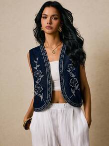 Poéselle 女式牛仔上衣无袖碎花刺绣背心深蓝色牛仔背心秋季法式休闲度假休闲外出上衣可爱上衣Y2k上衣度假女乡村音乐会 - 深色水洗藍 - 查看 3