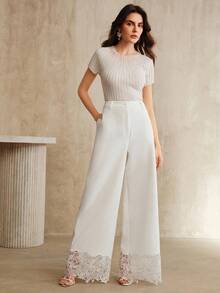 Anewsta Women's High Waist Flowy Lace Embroidery Patchwork Pants, Vacation Style - White - View 5