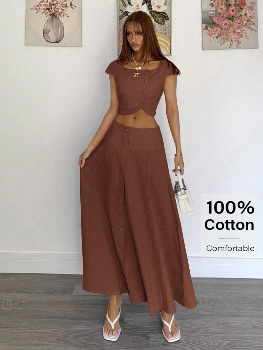 Siren Gaze Bộ 2 món áo crop top và chân váy trơn màu thanh lịch dành cho nữ mùa hè - Cà phê nâu - Xem 1