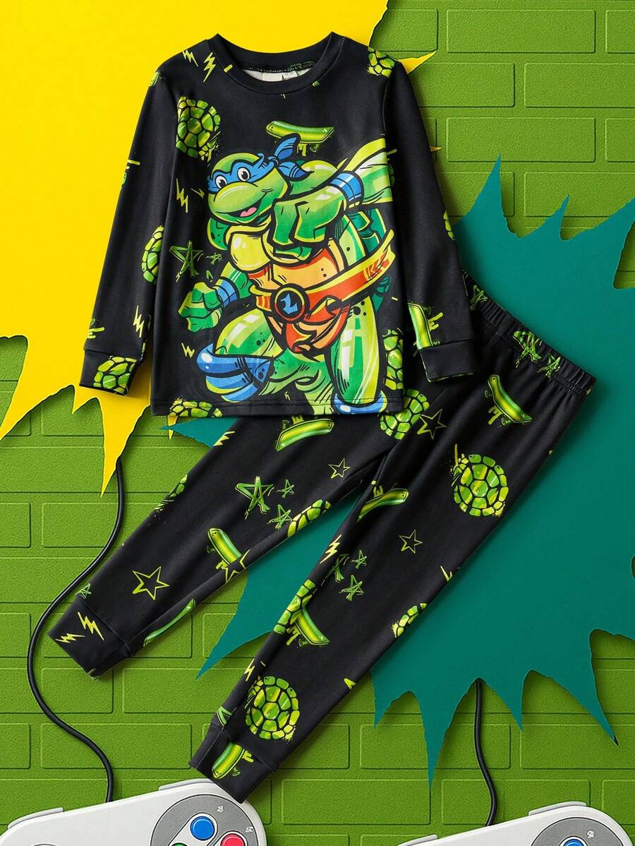 TEENAGE MUTANT NINJA TURTLES | SHEIN Young Boy Cartoon Turtle Pattern Black Tight-Fitting Long Sleeve T-Shirt & Pants Casual Pajama Set - Multicolor - View 1