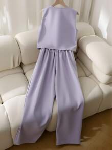 Franclia 2pcs Set Light Color Round Neck Sleeveless Pleated Elegant Minimalist Jumpsuit - Dusty Purple - View 2