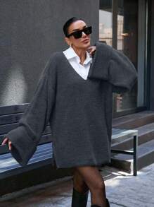 EURMUSE Áo len tay loe cổ chữ V sâu oversize thường ngày - Màu xám đen - Xem 7