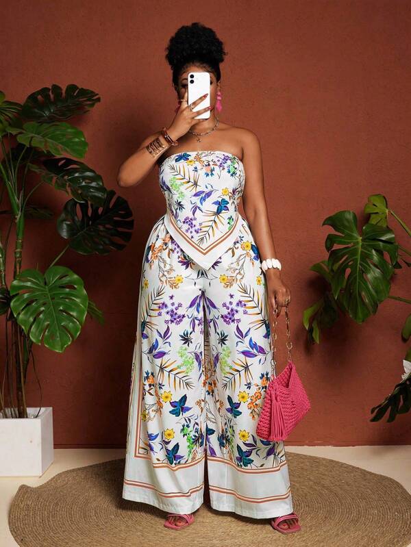 Maweii Plus Size Women Casual Tropical Print Bandeau Top And Wide Leg Pants Set