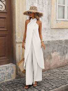 Brillora 女士夏季优雅纯色不对称下摆露背上衣和裤子两件套 - 白色 - 查看 7