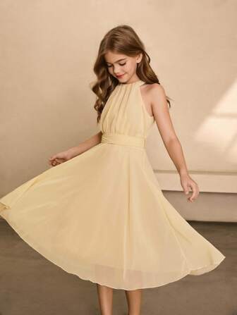 Elegant Luxury Apricot Halter Midi Dress For Tween Girls Suitable For Banquet, Party, Vacation, Evening, Wedding, Flower Girl, Birthday, Performance And Other Occasions