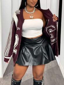 Slaydiva Cárdigan de punto con cremallera, número 23, holgado, color burdeos e marfil, para mujer talla grande, para otoño temprano, estilo universitario y urbano casual, para uso diario y vuelta al colegio, para salidas diarias en invierno y otoño - Burdeos - Ver 8