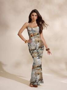 Shutterstock Glamance 女式修身无袖连衣裙，搭配枯树图案和鱼尾下摆，修身长裙，女式印花长裙，风景印花长裙，自然风长裙，Y2K 2000 年代返校俱乐部服装，女式性感 - 彩色 - 查看 3