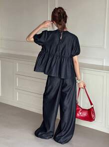 Dazy Kids 少女圆领泡泡袖褶饰上衣和宽腿宽松牛仔套装 - 深色水洗藍 - 查看 5