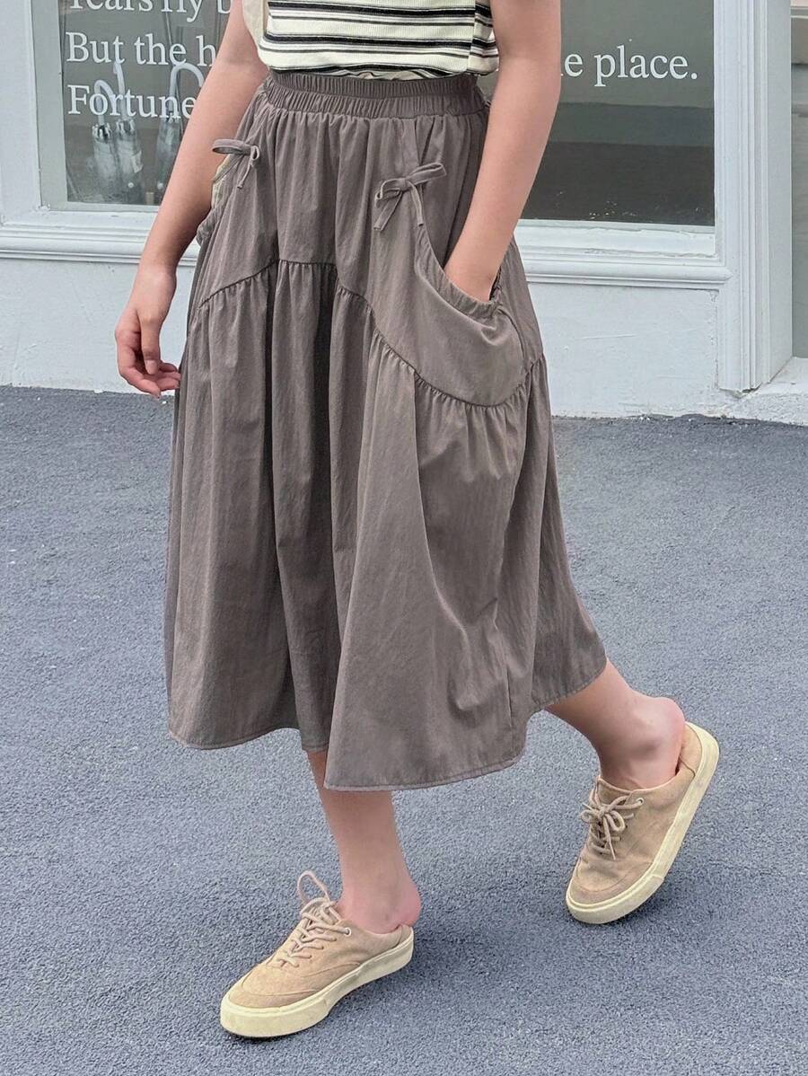 Dazy Kids 女童夏季休闲纯色蝴蝶结装饰A字裙 - 灰色 - 查看 1