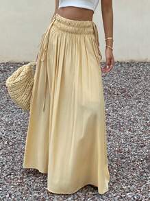 Livesso Women's Summer Elastic Waist Drawstring Decor Skirt Vacation - Yellow - View 3